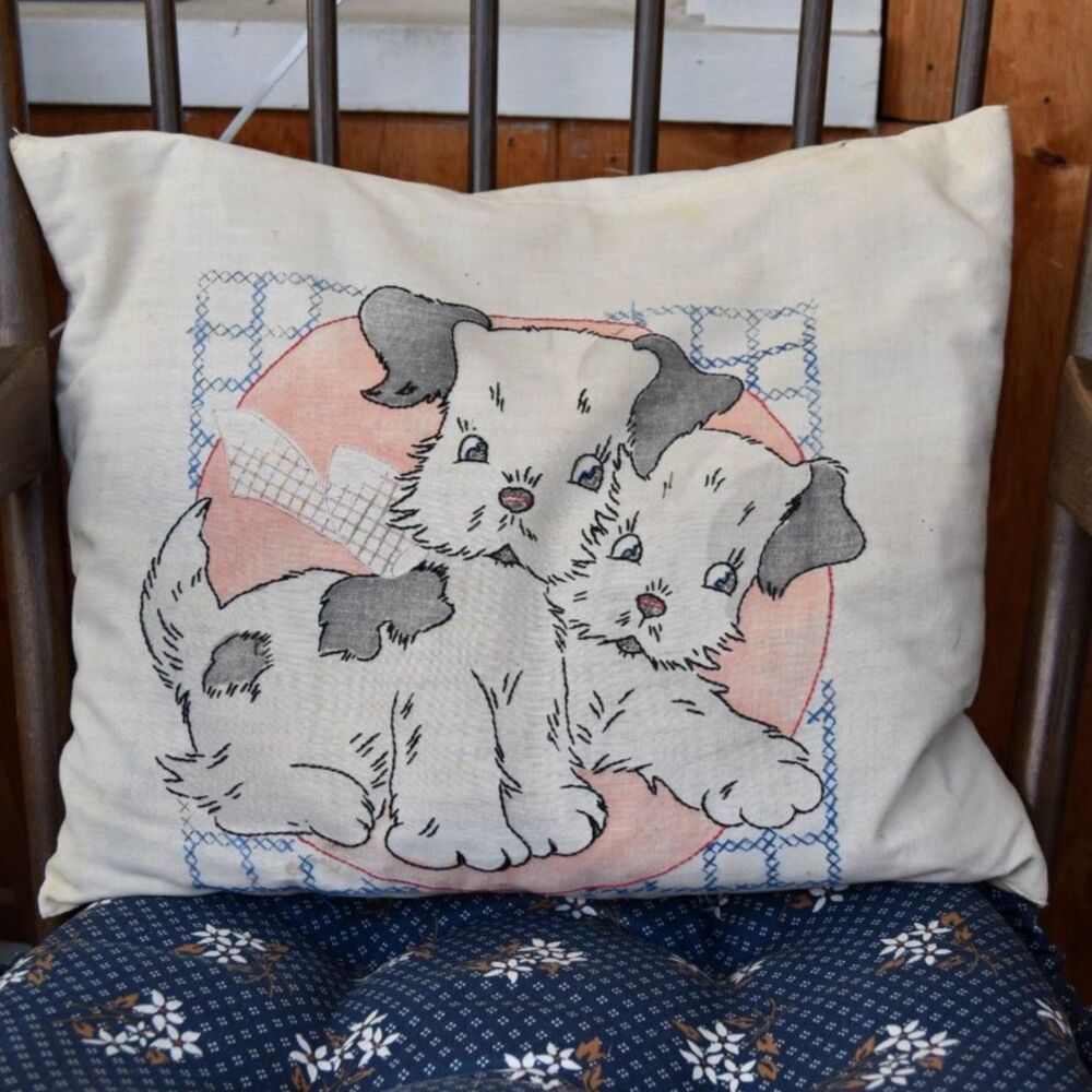 1940s Vintage Puppy Dog Pillow Hand Embroidered Appliqué Pink Blue 17 x 14